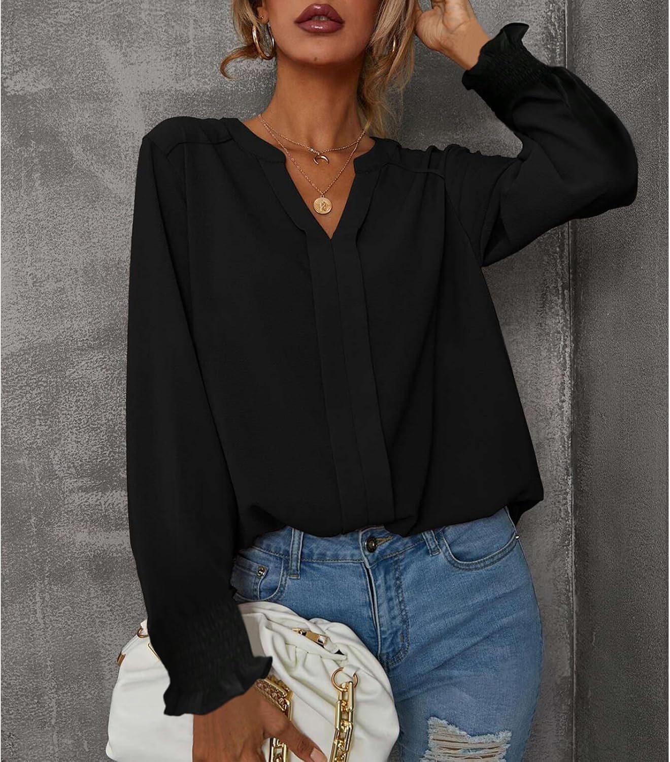 بلوزة كاجوال أنيقة للنساء بتصميم سادة عصري وقبة V وأكمام مكشكشة منفوخة طويلة من SYKT 4 بلوزة كاجوال أنيقة للنساء بتصميم سادة عصري وقبة V وأكمام مكشكشة منفوخة طويلة من SYKT - الصورة 4