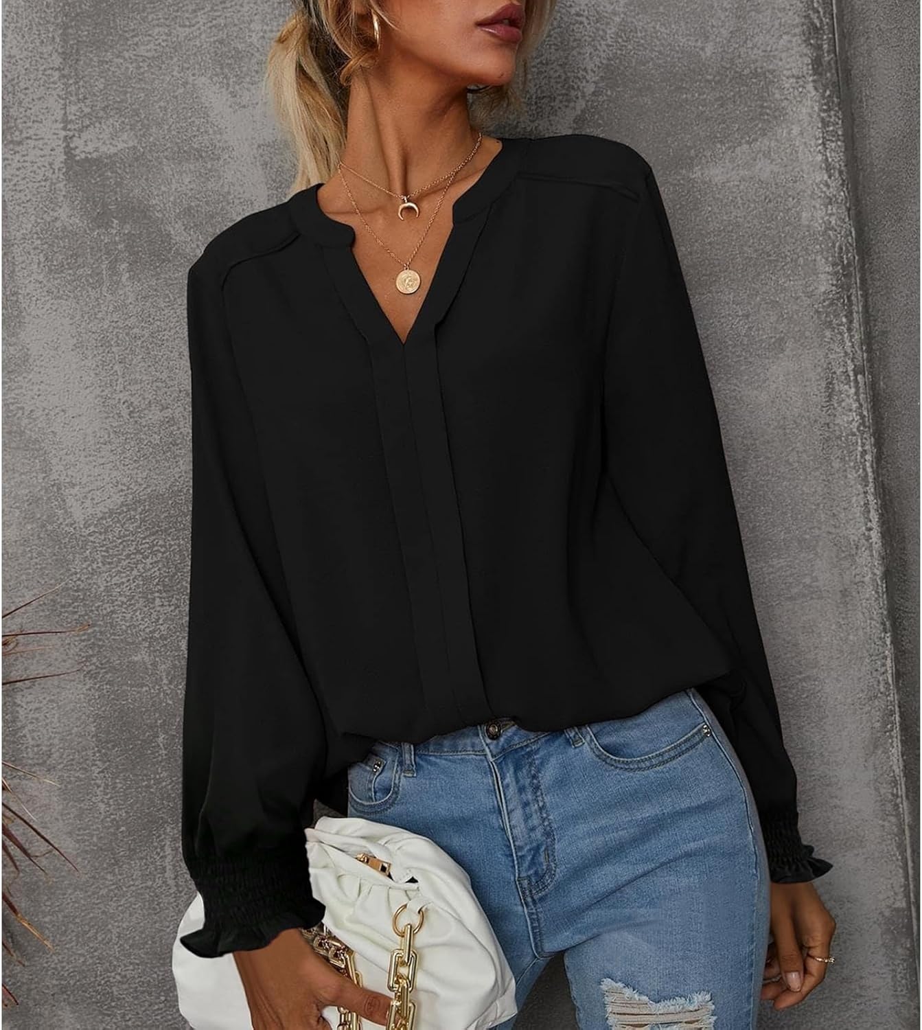 بلوزة كاجوال أنيقة للنساء بتصميم سادة عصري وقبة V وأكمام مكشكشة منفوخة طويلة من SYKT 5 بلوزة كاجوال أنيقة للنساء بتصميم سادة عصري وقبة V وأكمام مكشكشة منفوخة طويلة من SYKT - الصورة 5