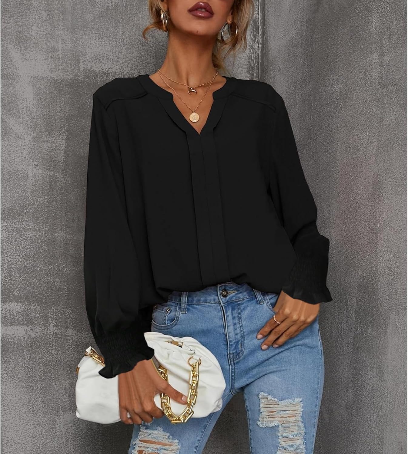 بلوزة كاجوال أنيقة للنساء بتصميم سادة عصري وقبة V وأكمام مكشكشة منفوخة طويلة من SYKT 7 بلوزة كاجوال أنيقة للنساء بتصميم سادة عصري وقبة V وأكمام مكشكشة منفوخة طويلة من SYKT - الصورة 7