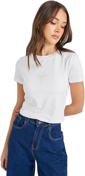 تي شيرت قصير بقصة ضيقة مزينة بأحجار الراين للنساء من ستايلي