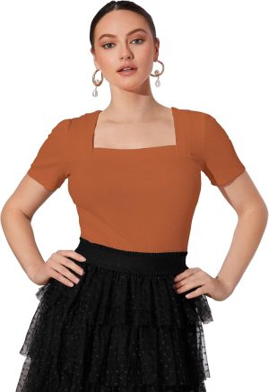 تيشيرت بتصميم سادة محبوك ورقبة مربعة وأكمام قصيرة منفوخة للنساء والفتيات من شاسمي