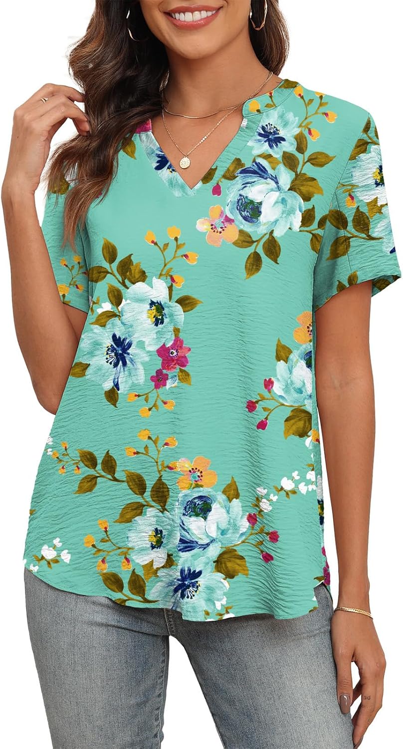 Womens Summer Casual Shirts V Neck Dressy Tops Short Sleeve Chiffon Work Top 2025 Fashion T-Shirts 3 Womens Summer Casual Shirts V Neck Dressy Tops Short Sleeve Chiffon Work Top 2025 Fashion T-Shirts - الصورة 3