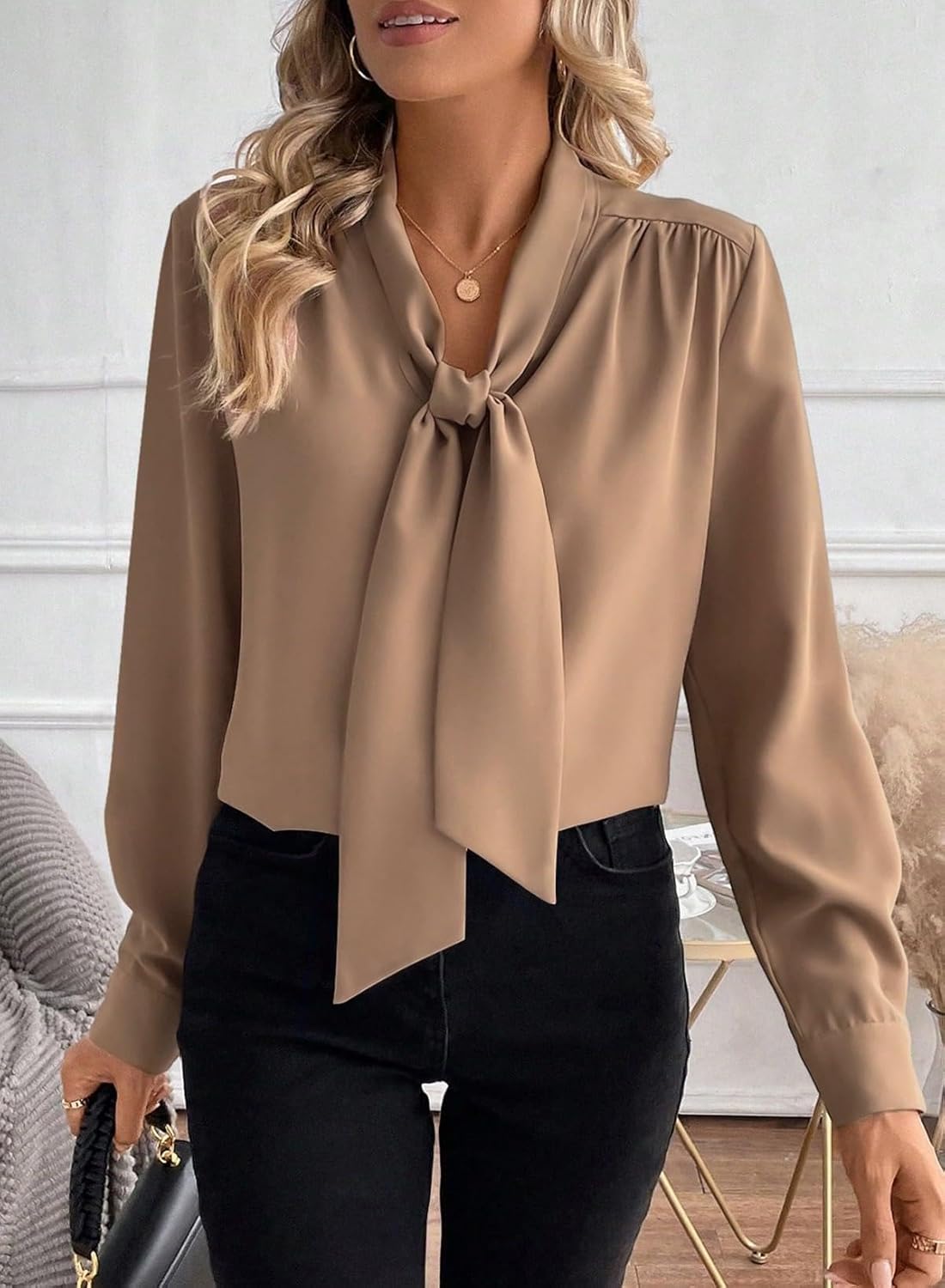 بلوزة نسائية باكمام طويلة وربطة عنق وفيونكة، قميص عمل كاجوال انيق للمكتب، قميص رسمي احترافي خفيف الوزن من الشيفون او الحرير، مقاس XL 6 بلوزة نسائية باكمام طويلة وربطة عنق وفيونكة، قميص عمل كاجوال انيق للمكتب، قميص رسمي احترافي خفيف الوزن من الشيفون او الحرير، مقاس XL - الصورة 6