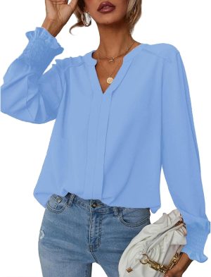 بلوزة كاجوال أنيقة للنساء بتصميم سادة عصري وقبة V وأكمام مكشكشة منفوخة طويلة من SYKT