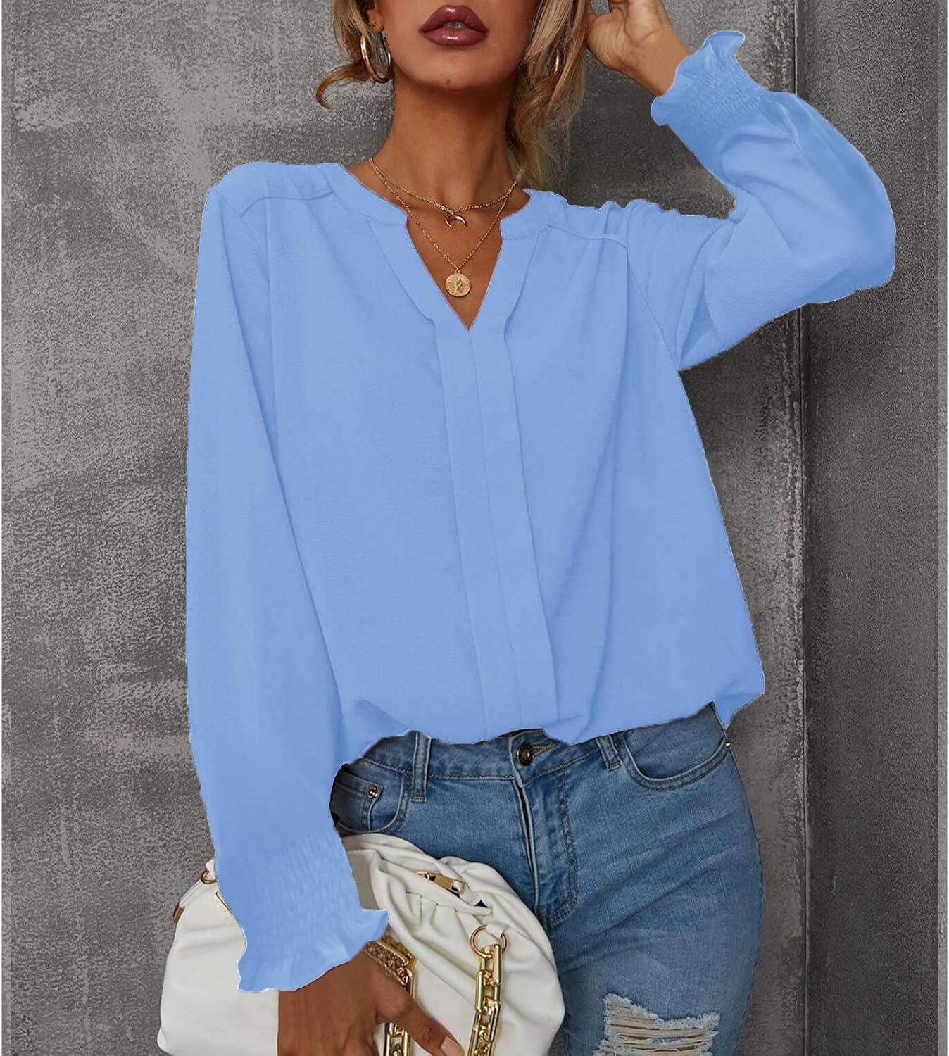بلوزة كاجوال أنيقة للنساء بتصميم سادة عصري وقبة V وأكمام مكشكشة منفوخة طويلة من SYKT 4 بلوزة كاجوال أنيقة للنساء بتصميم سادة عصري وقبة V وأكمام مكشكشة منفوخة طويلة من SYKT - الصورة 4