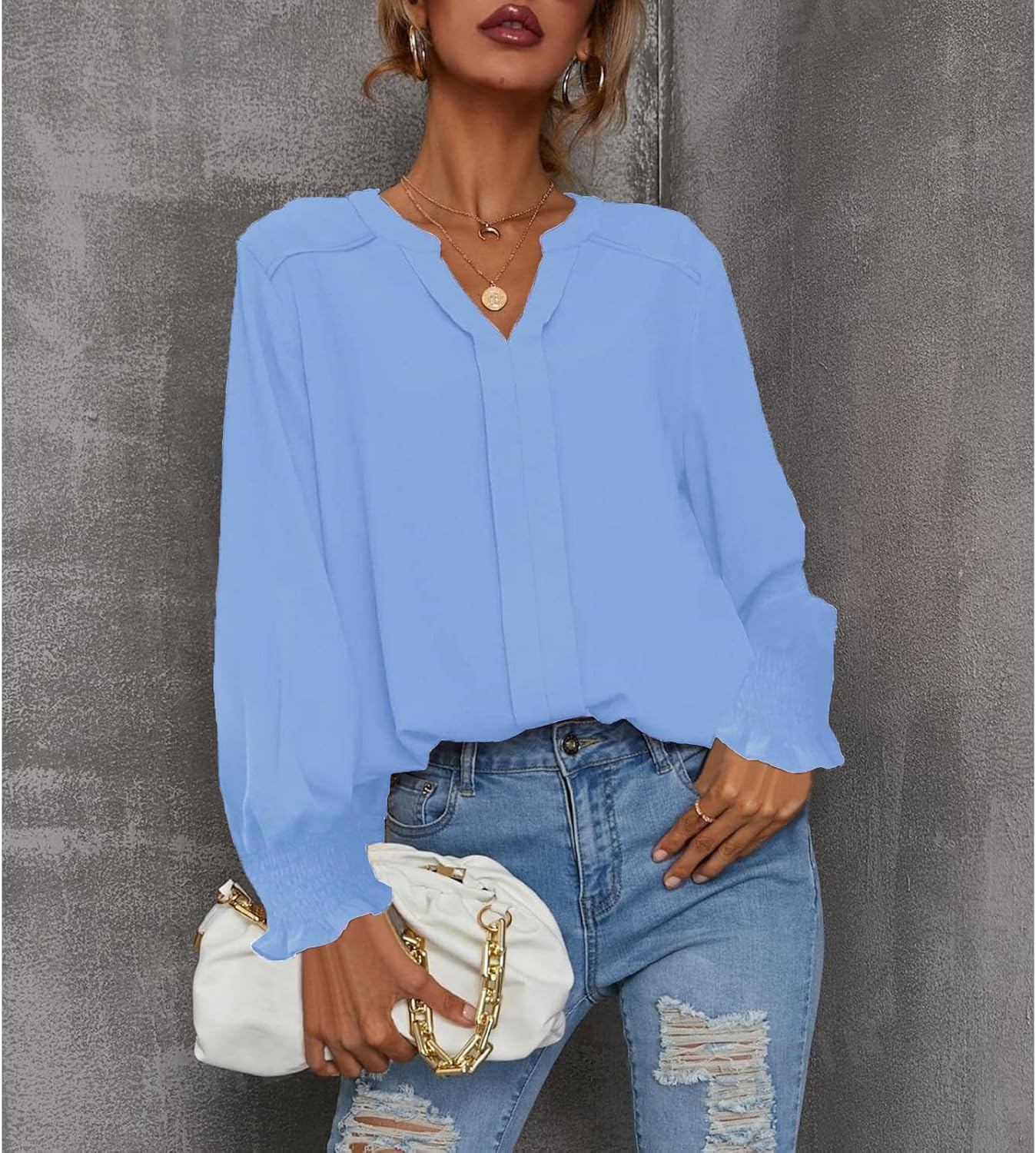 بلوزة كاجوال أنيقة للنساء بتصميم سادة عصري وقبة V وأكمام مكشكشة منفوخة طويلة من SYKT 7 بلوزة كاجوال أنيقة للنساء بتصميم سادة عصري وقبة V وأكمام مكشكشة منفوخة طويلة من SYKT - الصورة 7
