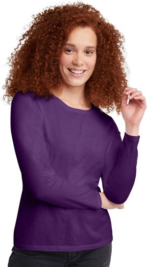 تي شيرت حريمي قطن اوريجينالز بأكمام طويلة وقبة على شكل حرف V من هانس بقبة وملائمة عصرية خفيف الوزن