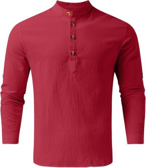 قميص هينلي كاجوال باكمام طويلة من الكتان والقطن للرجال من واي اكس جي ال ال، تي شيرت هيبي للشاطئ خفيف الوزن (اللون: نبيذي، المقاس: XL)
