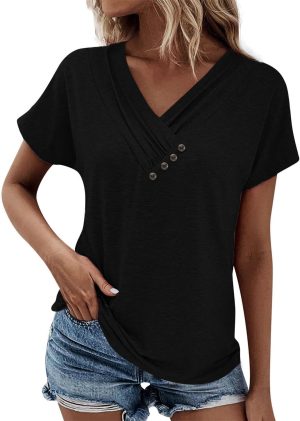 بلوزة كاجوال باكمام قصيرة وقصة فضفاضة للنساء من جوليريتك، تي شيرتات بازرار زينة صيفية بلون سادة