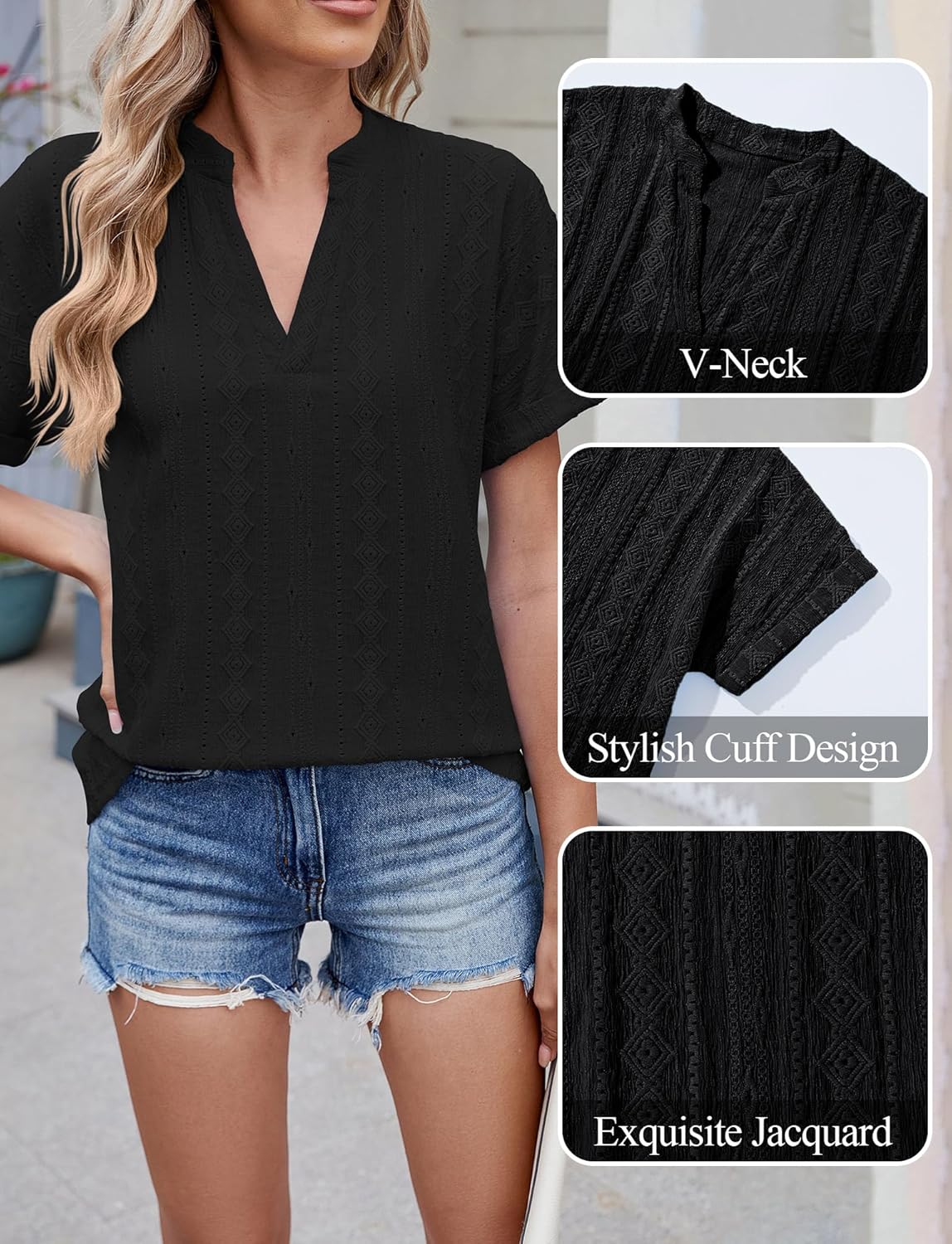 1763878021 قمصان عمل نسائية من اونرهت باكمام قصيرة ورقبة على شكل حرف V من قماش الجاكار، بلايز كاجوال صيفية انيقة وعصرية مقاس S XXL