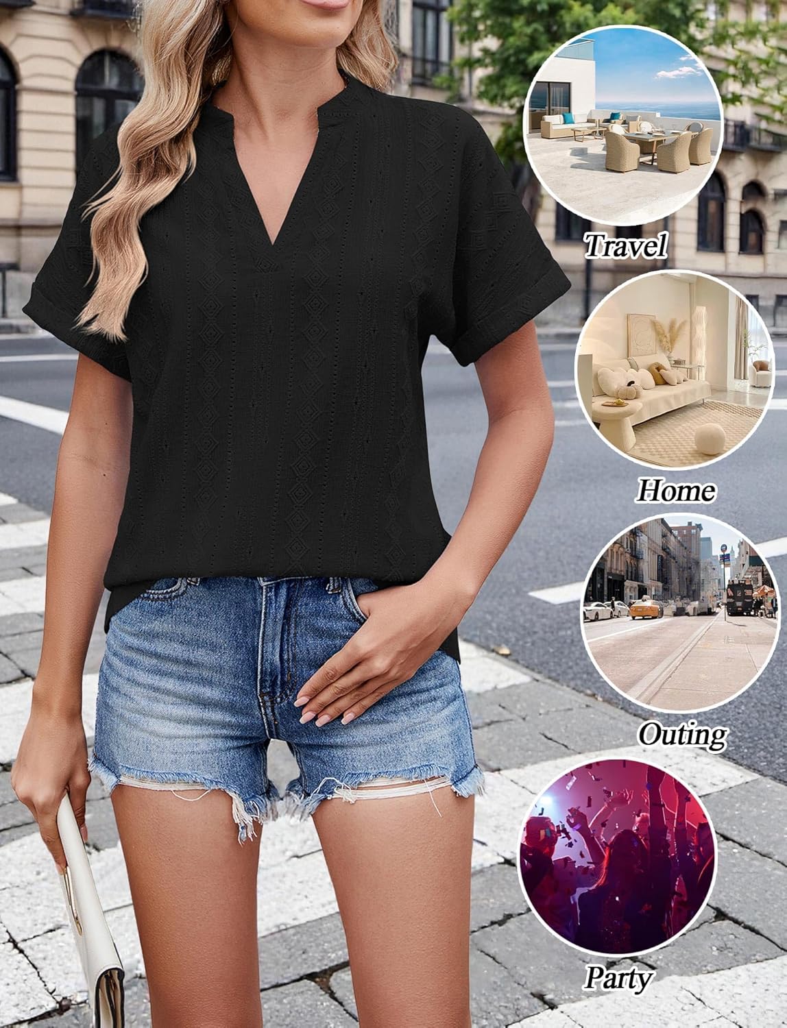 1763878025 قمصان عمل نسائية من اونرهت باكمام قصيرة ورقبة على شكل حرف V من قماش الجاكار، بلايز كاجوال صيفية انيقة وعصرية مقاس S XXL