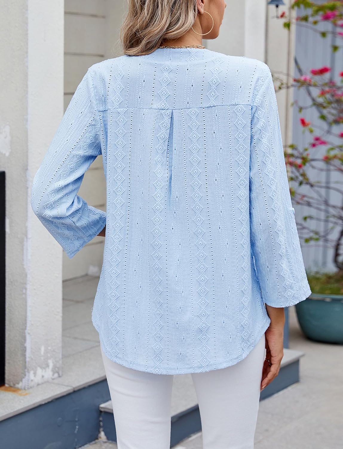 1764242404 قميص نسائي بأكمام طويلة، بلوزة واسعة بياقة V بلون سادة، تي شيرت عصري قابل للارتداء كقطعة عليا سهلة وسلسة من سيور