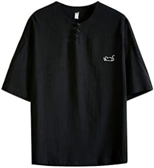 تي شيرت Ancoree رجالي كاجوال عصري مطبوع برقبة دائرية قطن كتان قصير الأكمام تي شيرت علوي ضيق مناسب للارتداء في الشارع تيشيرتات للرجال (اللون: أسود، المقاس: XXL)