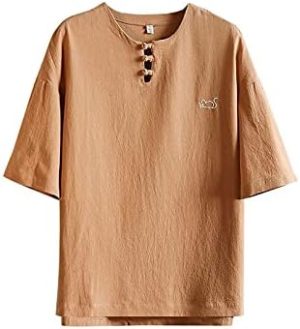 تي شيرت Ancoree رجالي كاجوال أنيق مطبوع برقبة دائرية قطن كتان قصير الأكمام تي شيرت بلايز ضيقة ملابس الشارع قمصان للرجال (اللون: برتقالي، المقاس: L)