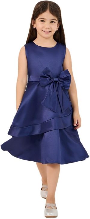 فستان سادة بطول الركبة بدون اكمام مزين بفيونكة للبنات من ستايلي