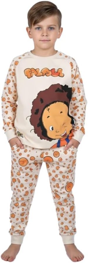 بيجامة نوم اصلية من سبيستون 100% قطن كم طويل طقم نوم اولاد بجامة بني | طقم بيجامة فالفول الاصلية للاولاد من سبيس تون، لون بني