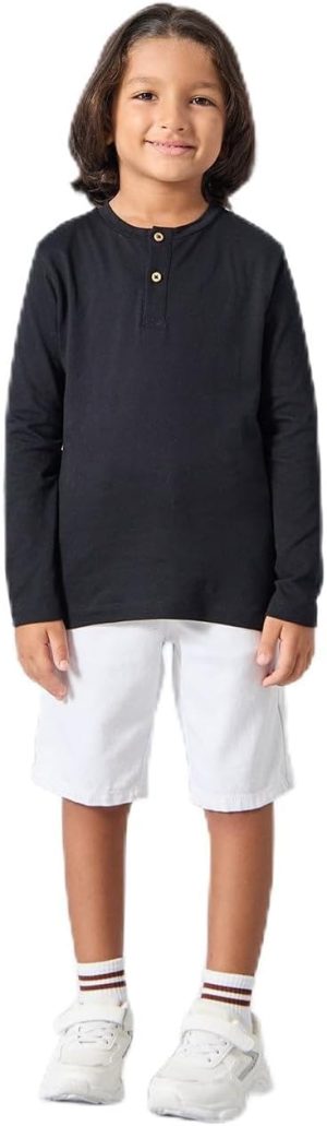 REDTAG Boys Black Long Sleeve Henley T-Shirt, Black