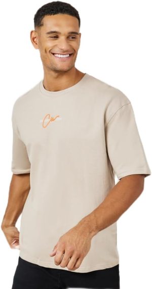 تي شيرت للرجال طراز 7006591102، من قماش تيري بتصميم واسع اوفرسايز مع طبعات على الأمام والخلف من ستايلي