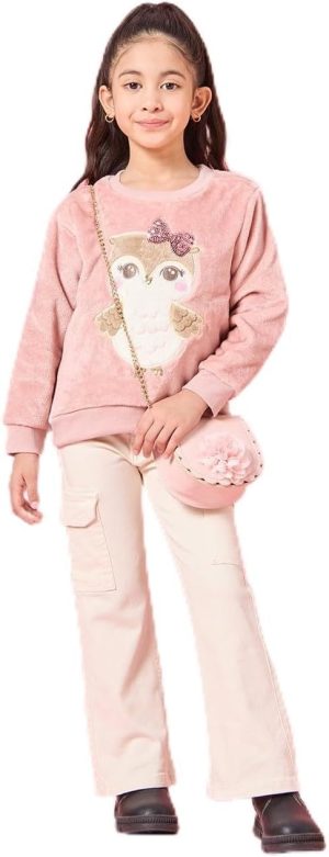 REDTAG Girls Pink Owl Placement Print Sweatshirt, Pink