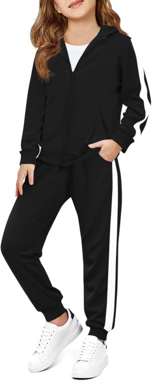 طقم رياضي للبنات مكون من قطعتين سترة بغطاء رأس وسحاب وسروال رياضي للأطفال بعمر 5-14 سنة من هالو مونينغ