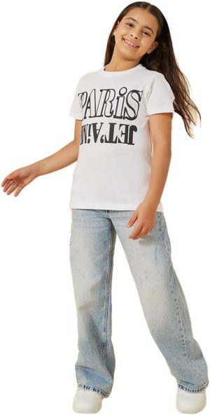 تيشرت برقبة دائرية مطبوع عليه شعار للبنات من ستايلي