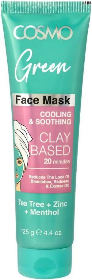 سي دي كوزمو ديزاينز قناع الوجه الطيني المنعش والمهدئ للعناية بالوجه 125 غرام، اخضر، يقلل من العيوب والزيوت الزائدة، شجرة الشاي + الزنك + المنثول، كل الأنواع
