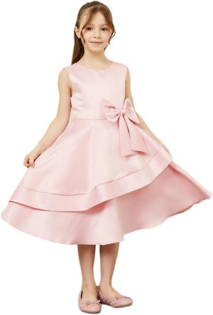 فستان بدون اكمام مزين بفيونكة مكشكشة غير متساوية للبنات من ستايلي