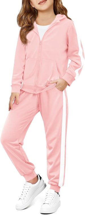 Haloumoning Girls 2 Piece Outfits Sweatsuit Kids Athletic Zip Up Hoodie and Sweatpants Clothing Sets 5-14Y