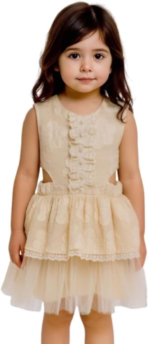 فستان انيق للحفلات للبنات، مطرز بالزهور بلون كريمي، تنورة متعددة الطبقات من التول مع حواف من الدانتيل، بدون اكمام