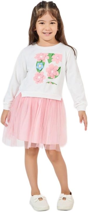 سويت شيرت كروشيه مزين بالزهور مع فستان بحافة شبكية للبنات من ستايلي