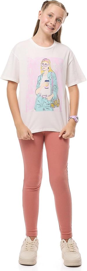 تيشرت مطبوع برقبة دائرية ضيقة واكمام قصيرة للبنات، موديل 325-1368TG128-1