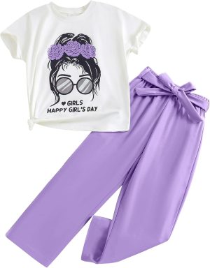 بدلة كاجوال للبنات، ملابس كاجوال للبنات مكونة مع بلوزة قصيرة + سروال سادة مع حزام لعمر 7-12 سنة من فيري نيو جيرلز، قطعتين