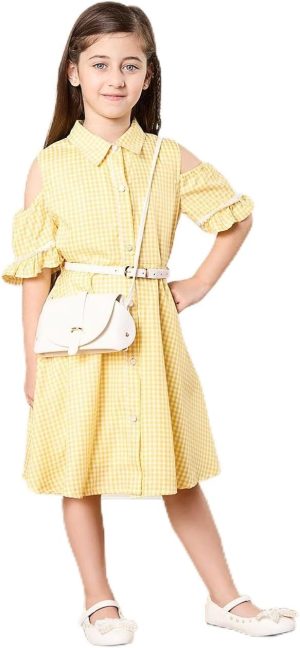 REDTAG Girls Yellow Checkered Dress With Bag, Yellow