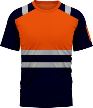 تي شيرت عالي الوضوح باكمام قصيرة سريع الجفاف بشريط عاكس للامان برقبة دائرية ضيقة للامان والعمل جيد التهوية مناسب للعمل بلون برتقالي وكحلي، مقاس S