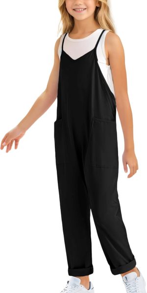 أفرهول كاجوال للبنات من سيور، رومبر بقصة واسعة بدون أكمام بحمالات رفيعة، أفرول صيفي برقبة على شكل حرف V وبجيوب