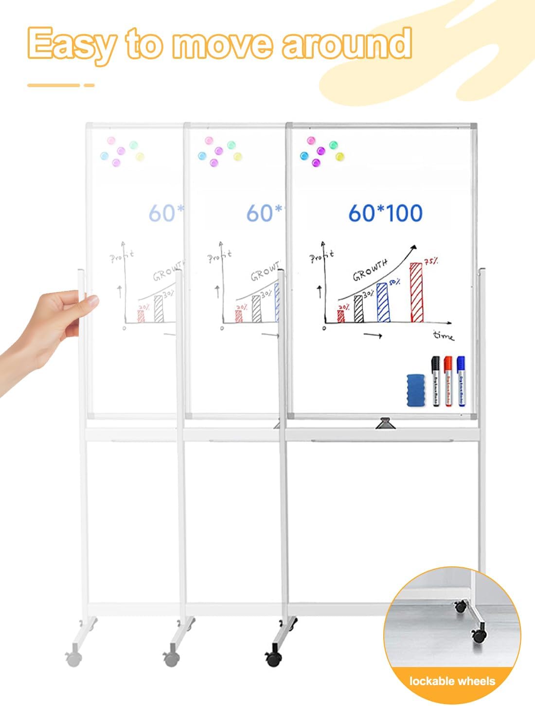 سبورة قابلة للمسح الجاف مع سطح أملس مطلي بـ 3 طبقات وعجلات دوارة 360 درجة وزوايا من بلاستيك ABS متينة للفريق من كيدل، أبيض 2 سبورة قابلة للمسح الجاف مع سطح أملس مطلي بـ 3 طبقات وعجلات دوارة 360 درجة وزوايا من بلاستيك ABS متينة للفريق من كيدل، أبيض - الصورة 2