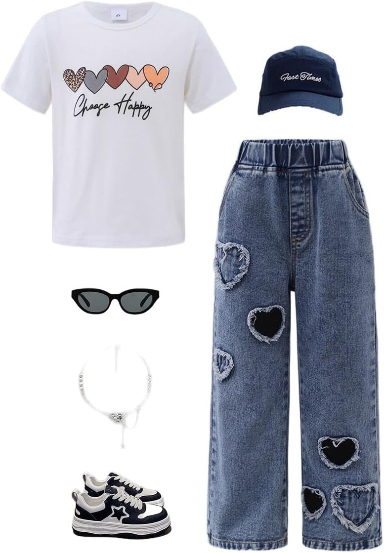 طقم بنطلون جينز وتيشيرت بطبعة قلب للبنات من ستايلي 1 طقم بنطلون جينز وتيشيرت بطبعة قلب للبنات من ستايلي