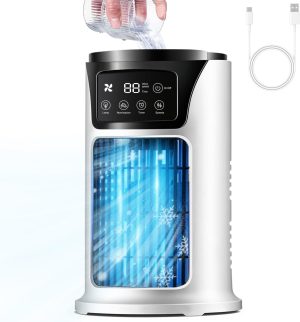 مروحة مكتب، مروحة طاولة، مروحة تكييف هواء محمولة من Xkimos، 6 سرعات قابلة للتعديل، مروحة إضافة الماء والثلج، مع وظيفة المؤقت، إضاءة 7 ألوان، مروحة تبريد سطح المكتب لغرفة النوم والمكتب الخارجي