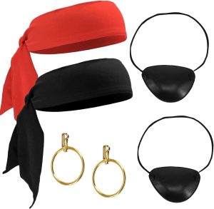اكسسوارات زي القراصنة، مجموعة زي القراصنة للهالوين، بما في ذلك وشاح كابتن اسود، باندانا احمر، رقع عين واحدة، اقراط حلقية مثالية للرجال والنساء والاطفال، زي تنكري للحفلات التنكرية، 6 قطع