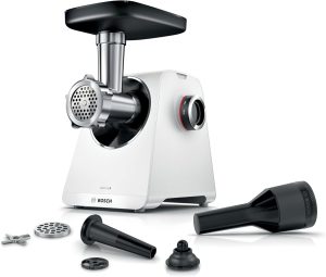 مفرمة لحوم مالتي باور سيريز 6 من بوش MFWS607W، قرصين مثقوبين (4.5 و8 ملم)، من الستانلس ستيل، امنة للاستخدام في غسالة الصحون، ملحق للكبة والسجق، قوة كتلة المحرك 2100 واط، ابيض