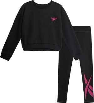 ريبوك طقم بدلة رياضية للبنات - سويت شيرت بغطاء للرأس وبنطلون لجينجز - طقم ملابس شبابية للبنات (7-12)