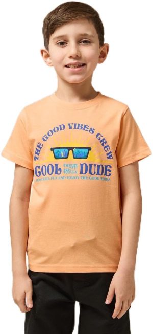 تيشرت باكمام قصيرة مزين برسومات Good Vibes للاولاد من ريد تاغ، لون خوخي