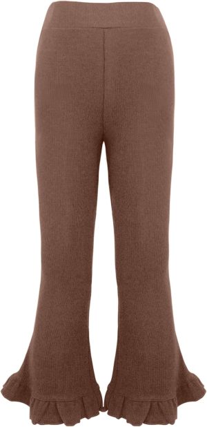 سيور سروال ضيق للبنات الصغيرات من نسيج مضلع منسوج بلون سادة وسروال واسع بخصر مطاطي مكشكش ملابس الخريف