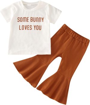 تي شيرت للبنات الصغيرات باكمام قصيرة مطبوع عليه حروف وبلوفر وسروال واسع، ملابس للاطفال