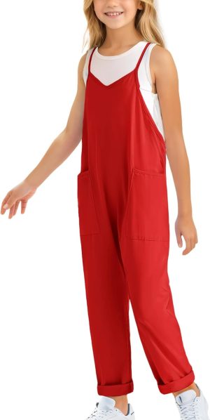 أفرهول كاجوال للبنات من سيور، رومبر بقصة واسعة بدون أكمام بحمالات رفيعة، أفرول صيفي برقبة على شكل حرف V وبجيوب