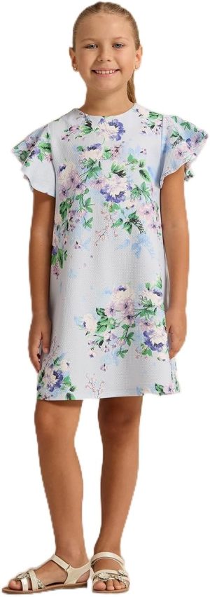 REDTAG Girls Blue Floral Printed Dress, Blue