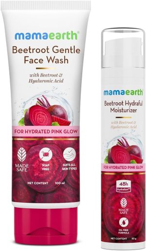 ماما ايرث مجموعة بيتروت ناتشورال بينك جلو | غسول وجه لطيف من بيتروت (100 مل) ومرطب هيدرافول بالشمندر (50 مل) | يعطي توهج زهري طبيعي | ينظف ويرطب | عبوة كومبو