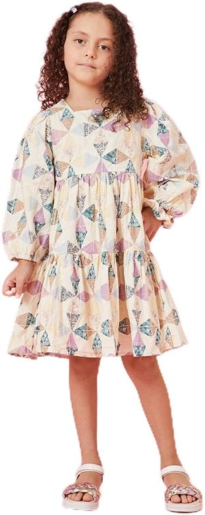 REDTAG Girls Beige Printed Dress With Scrunchy (2 Piece), Beige