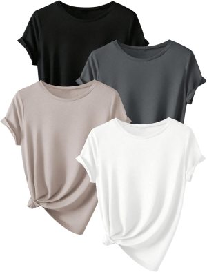 طقم تي شيرت صيفي كاجوال سادة مكون من 4 قطع بقبة دائرية بدون طوق واكمام قصيرة للنساء من جورجليتر