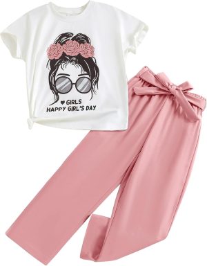 بدلة كاجوال للبنات، ملابس كاجوال للبنات مكونة مع بلوزة قصيرة + سروال سادة مع حزام لعمر 7-12 سنة من فيري نيو جيرلز، قطعتين